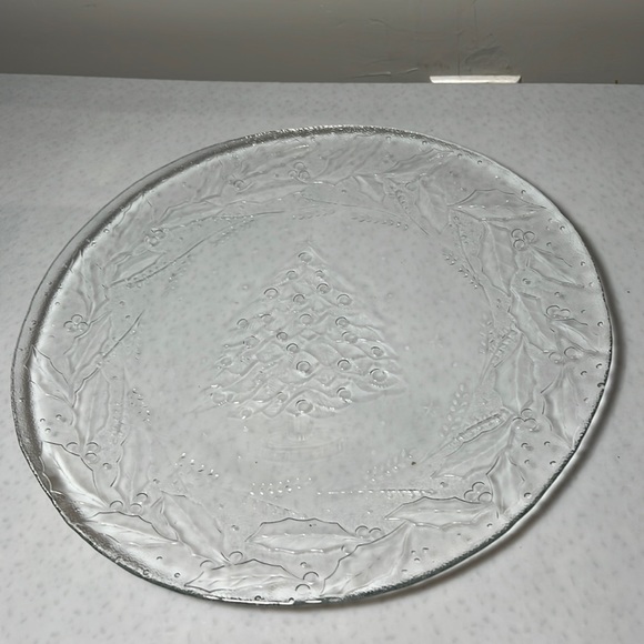 Holiday Vintage Clear Glass Christmas Tree Platter Holly Berries